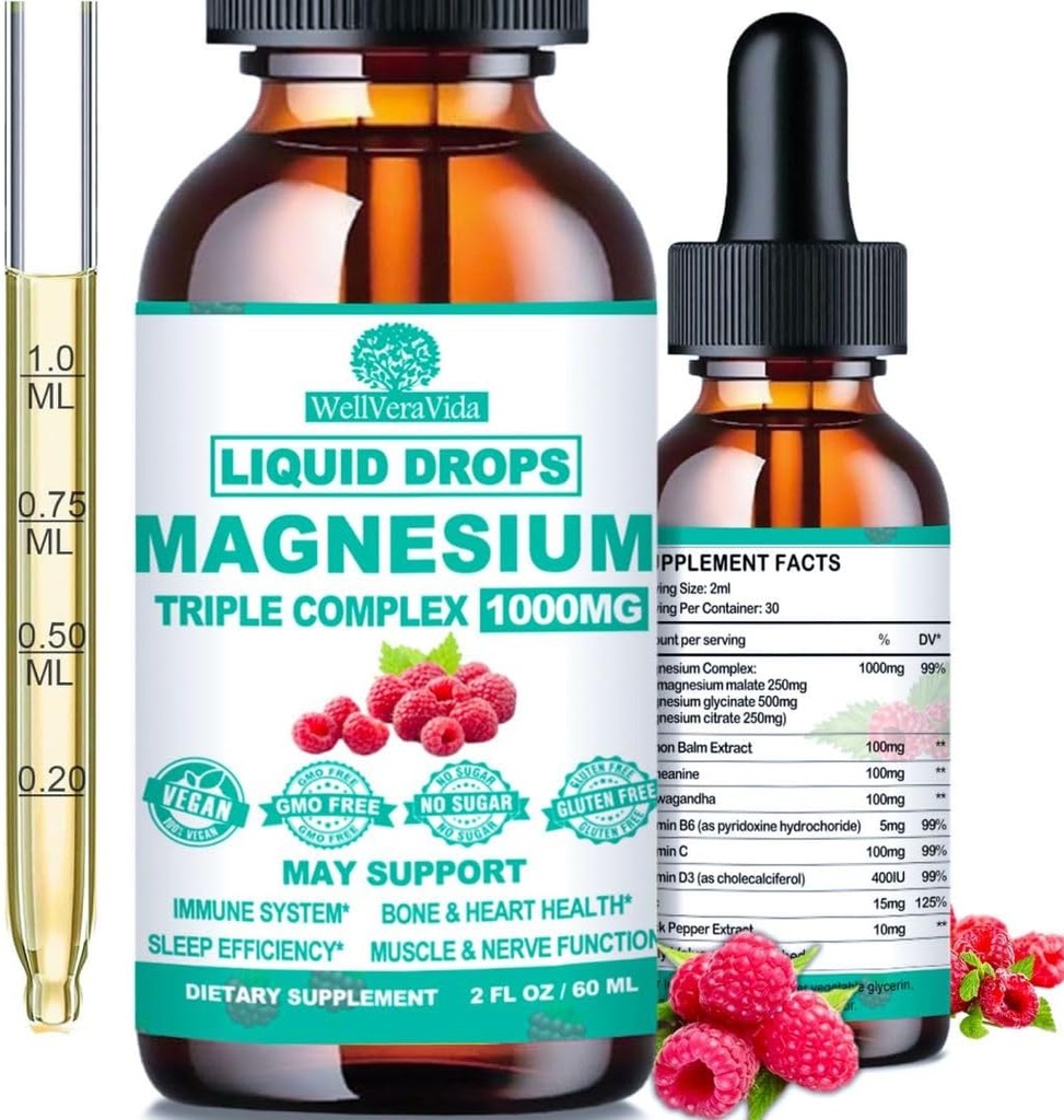 Complejo de magnesio triple, 500 mg de glinato de magnesio, citrato " malate w. Vitamina D3 K2, Formas de Chelated Alta Absorción, Complejo de magnesio líquido w / B6 Zinc para el hueso, sueño, corazón, energía nerviosa