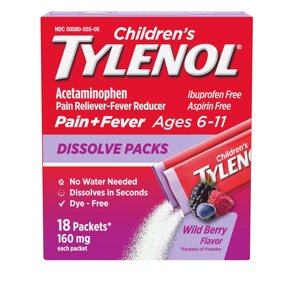 Children's Tylenol Dissolve Packs, 160 mg Acetaminophen, Wild Berry, 18 ct