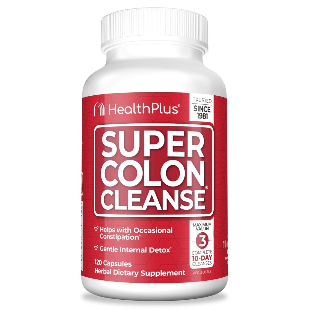Health Plus Super Colon Cleanse 30 Day Supply of Gentle Gut Cleanse Detox, Psyllium Husk, Probiotics for Constipation Relief & Digestive Support, 120 Capsules