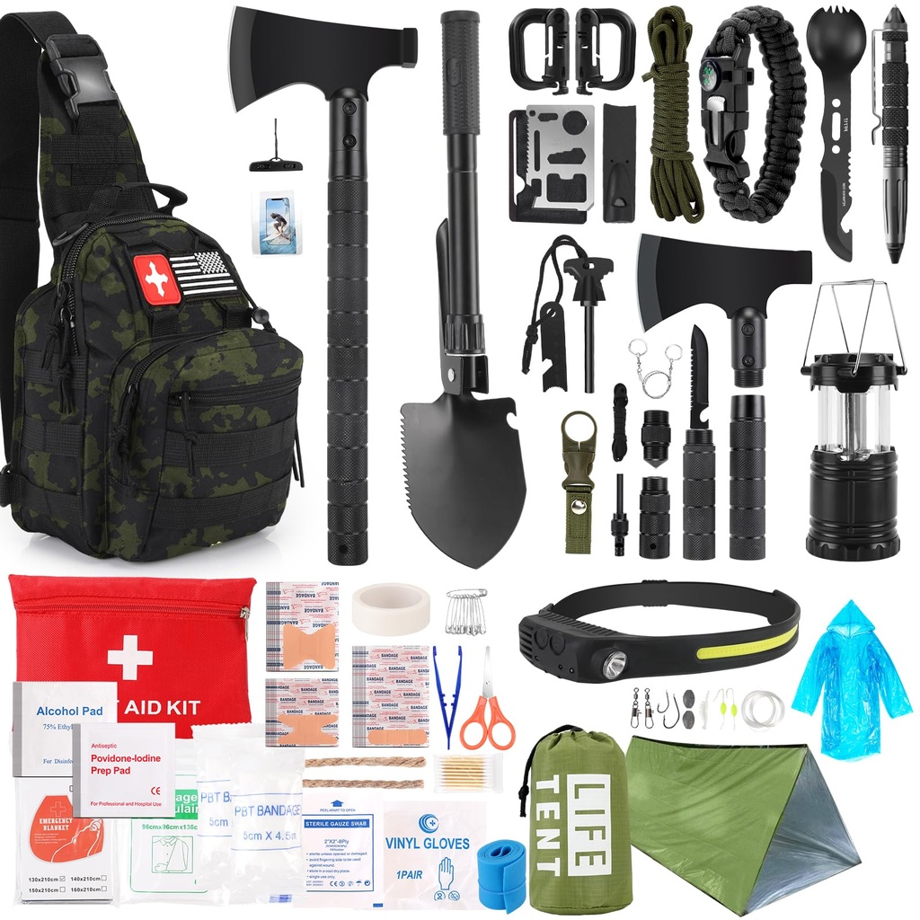 Survival Kit, 268 Pcs Emergency Survival Gear and Equipment Supplies with First Aid Kit, Camping Axe, Headlamp, Crossbody Bag for Camping Hiking, Hunting, Gift for Christmas Men, Dads, Black Como