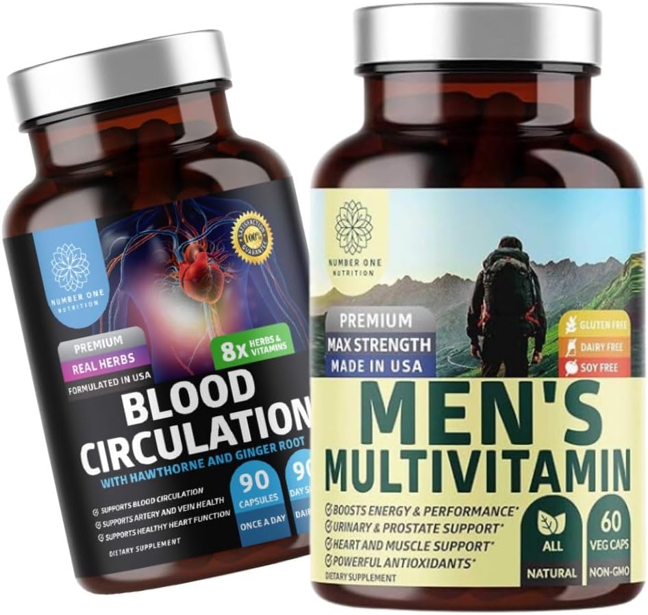 Número 1 Nutrición N1N Premium Hombres Multivitamínicos diarios [Vitamins A C E D, Magnesio, Zinc] y Suplemento de Circulación de la Sangre [8 potentes hierbas &amp; vitaminas], 2 Pack Bundle