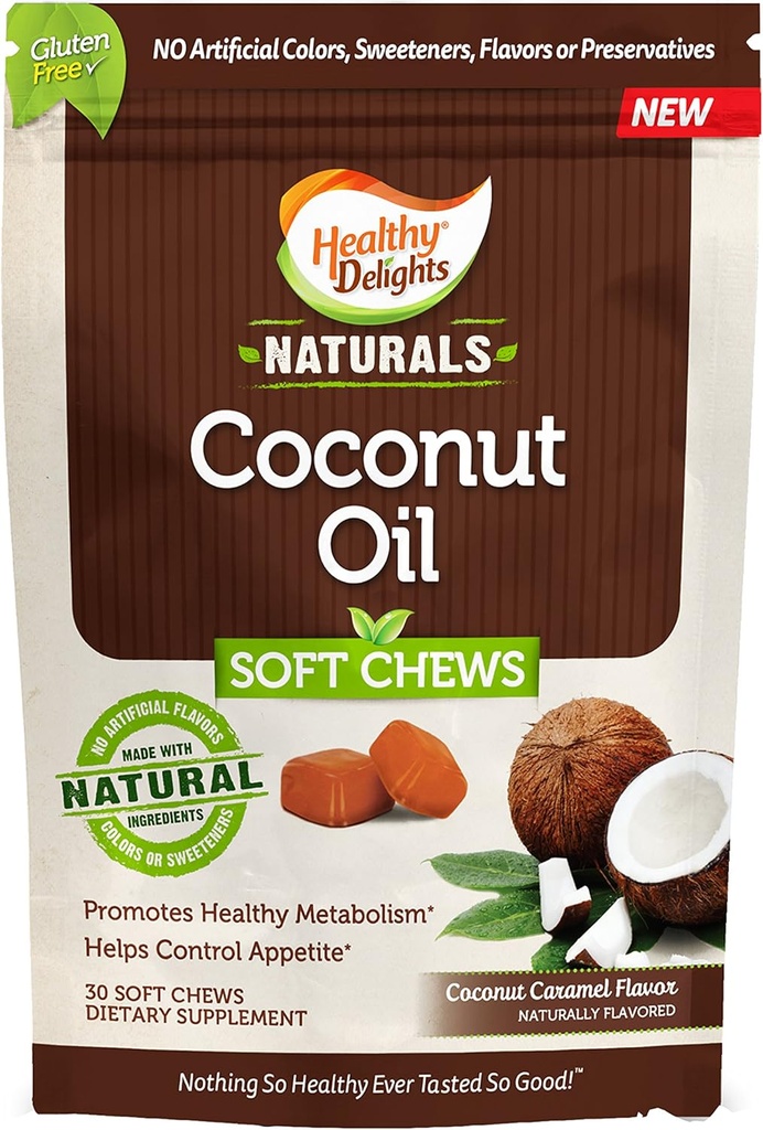 Healthy Delights Naturals, Coconut Oil Soft Chews, Promotes Healthy Metabolism, Helps Control Appetite, Delicious Coconut Caramel Flavor, 30 Count