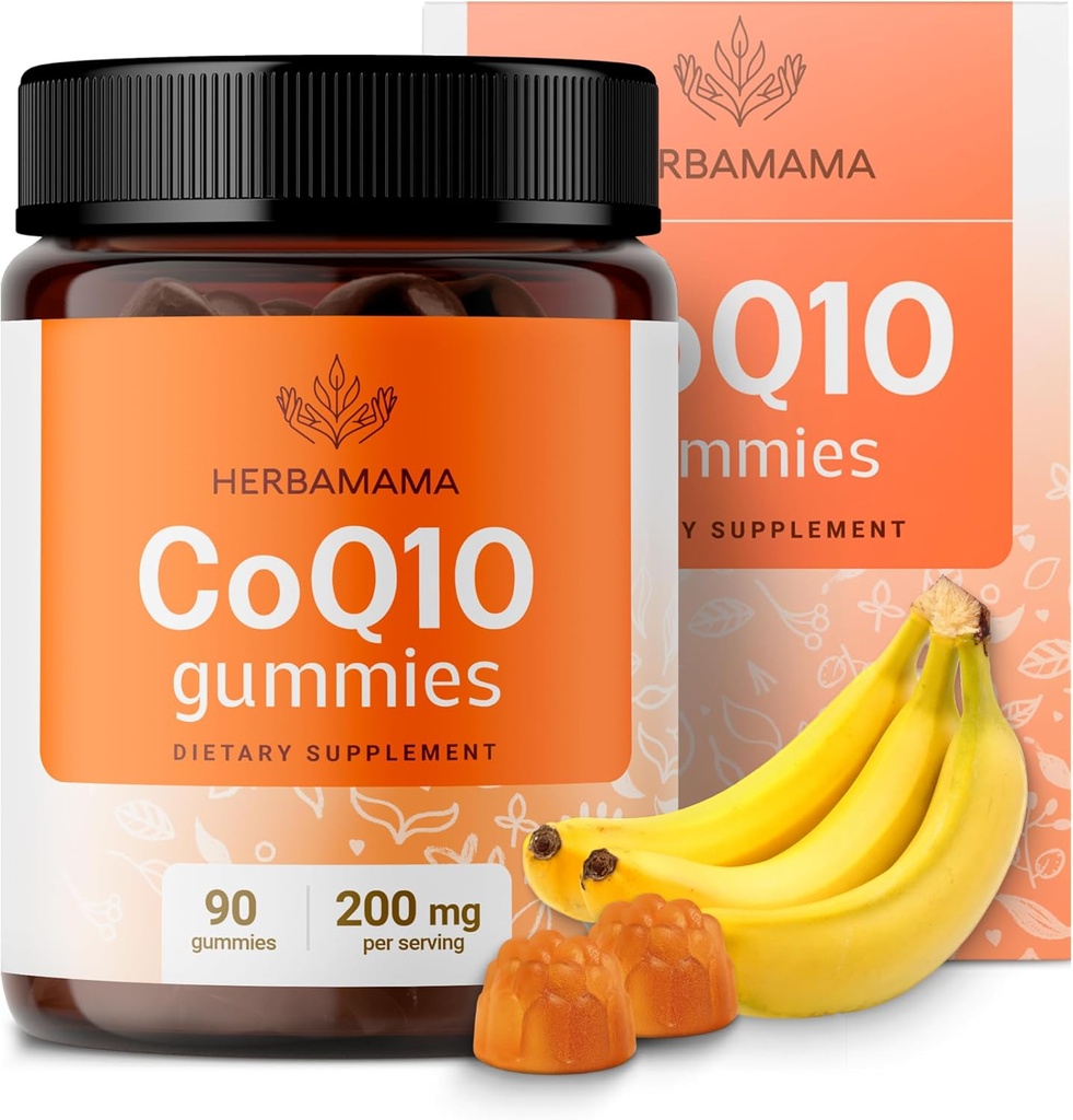 HERBAMAMA CoQ10 Gummies - 200mg Coenzyme Q10 for Antioxidant Support - Vegan, Non-GMO Daily Energy Support Supplement - 90 Pectin-Based Banana-Flavored Chews