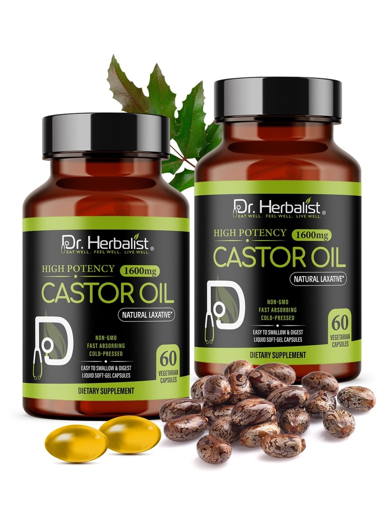 Dr. HERBALIST Castor Oil Capsules 1600mg - Cold Pressed Ricinus Communis Softgels | Supports Digestive Wellness & Hair Skin Vitality* | Halal, Non-GMO, Vegan | 60ct