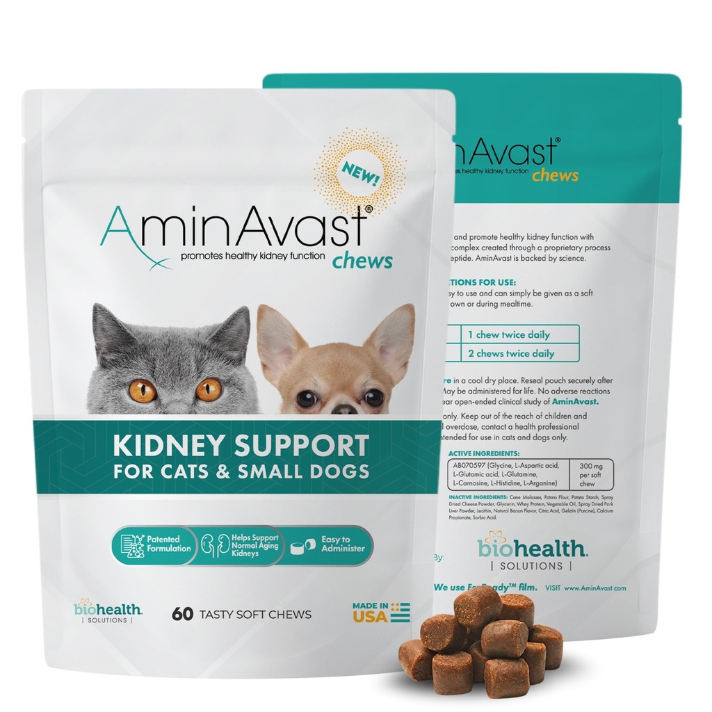 AminAvast Kidney Support Soft Chews for Cats & Small Dogs, 300 mg, 60 Count