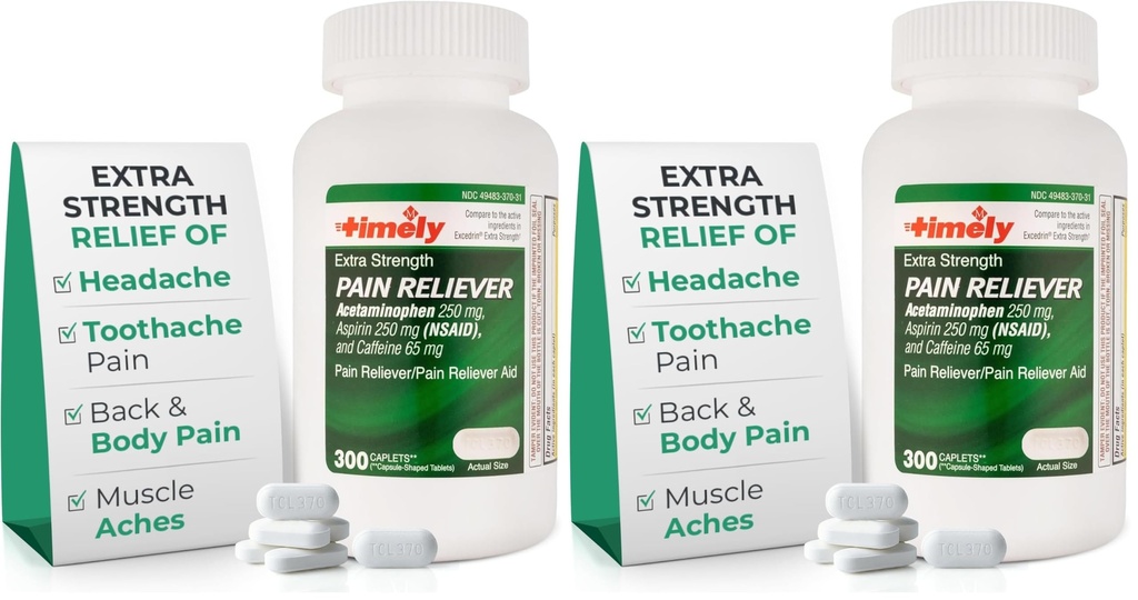 TIME-Cap Labs Extra Strength Acetaminophen 250mg with Aspirin 250mg & Caffeine 65mg Caplets - Pain Reliever/Fever Reducer for Headache Relief, Muscle Aches & Body Pain (300 Count) (Pack of 2)
