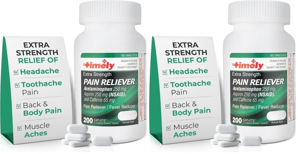 TIME-Cap Labs Extra Strength Acetaminophen 250mg with Aspirin 250mg & Caffeine 65mg Caplets - Pain Reliever/Fever Reducer for Headache Relief, Muscle Aches & Body Pain (200 Count) (Pack of 2)