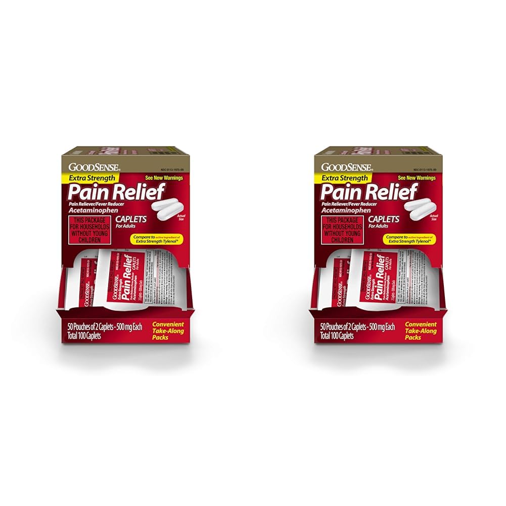 GoodSense Extra Strength Acetaminophen Caplets 500 mg, Pain Reliever and Fever Reducer, 100 Count, 50 Pouches of 2 Caplets (Pack of 2)