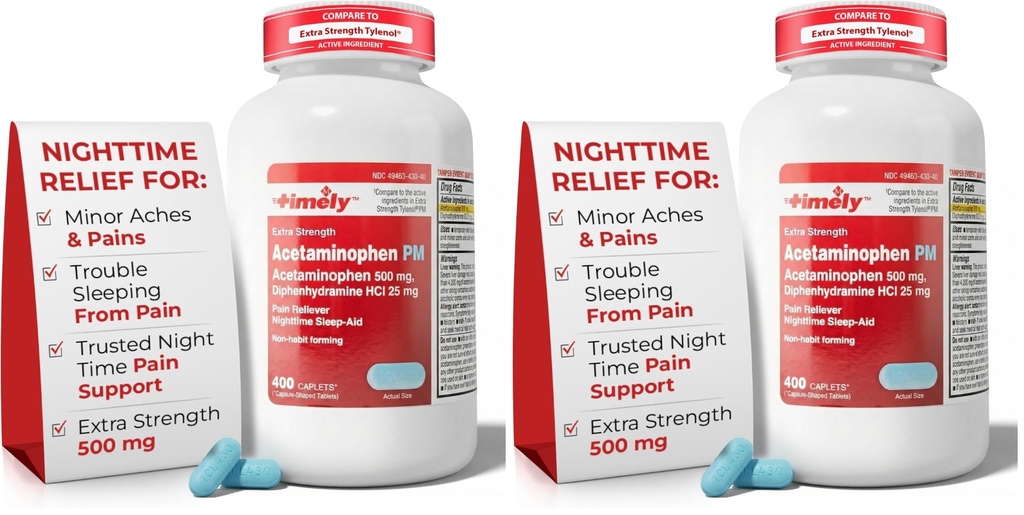 TIME-Cap Labs 400 Caplets Extra Strength Acetaminophen 500mg PM & Diphenhydramine HCl 25mg - PM Pain Reliever & Sleep Aid, Helps with Occasional Headaches & Minor Aches & Pains (Pack of 2)
