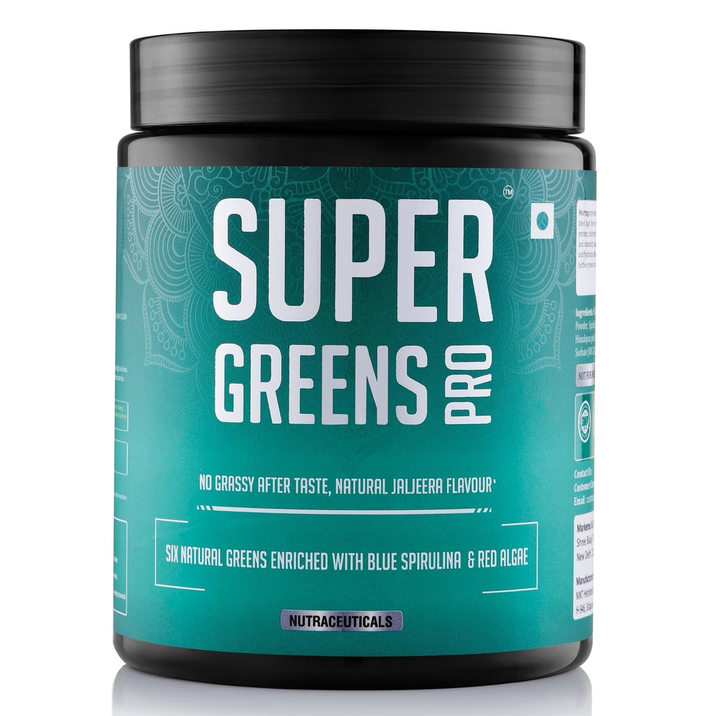 Super Greens Pro | Blend of Spirulina, Moringa, Chlorella, Wheatgrass, Barley Grass, Blue Spirulina & Red Algae | 300g | Jaljeera Flavour