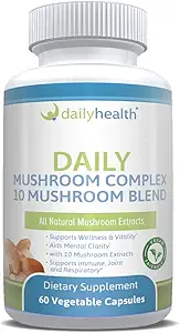 Daily Health 10 Mushroom Blend Complex 60 Capsules Cordyceps, Reishi, Shiitake, Lions Mane, Maitake, Turkey Tail, Chaga, Agaricus, White Button, Black Fungus, Vegan Friendly (1 Month Supply)
