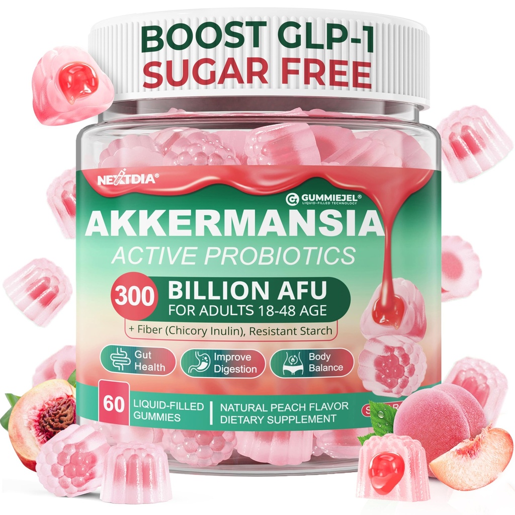 Akkermansia Probiotics Gummies with Prebiotics Fiber, 300 Billion AFU Akkermansia Muciniphila, with Polyphenol Fruits, Resistant Starch, Vitamin A D3 B2 for Metabolism, Digestive & Gut Health, 1Pack