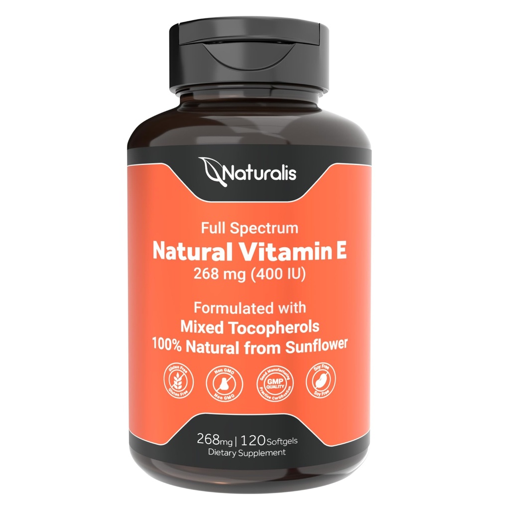 Naturalis Sunflower Vitamin E 268mg (400 IU) with Mixed Tocopherols | Essential Skin Vitamin & Immune Support | Non-GMO, Soy & Gluten Free | 120 Softgels
