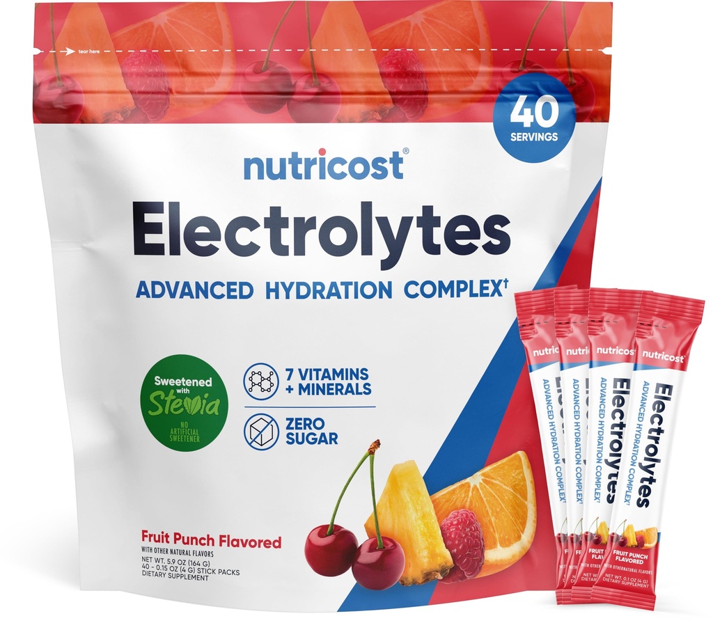 Complejo de electrolitos Nutricost, Flavored Fruit Punch, 40 Stickpacks - Complejo avanzado de hidratación
