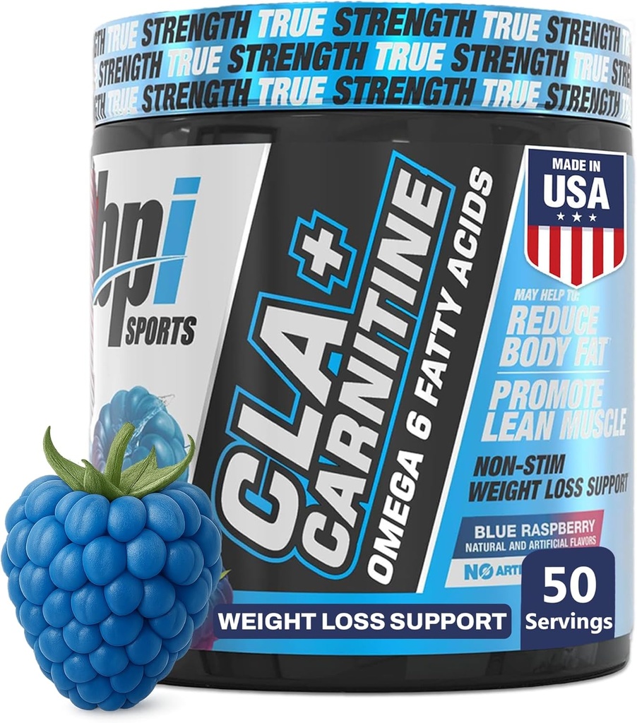 BPI Sports CLA+Carnitine – CLA L Carnitine & Linoleic Acid – L Carnitine Supplement for Weight Loss, Metabolism & Lean Muscle – Caffeine Free – Blue Raspberry – 50 Servings – 12.34 oz