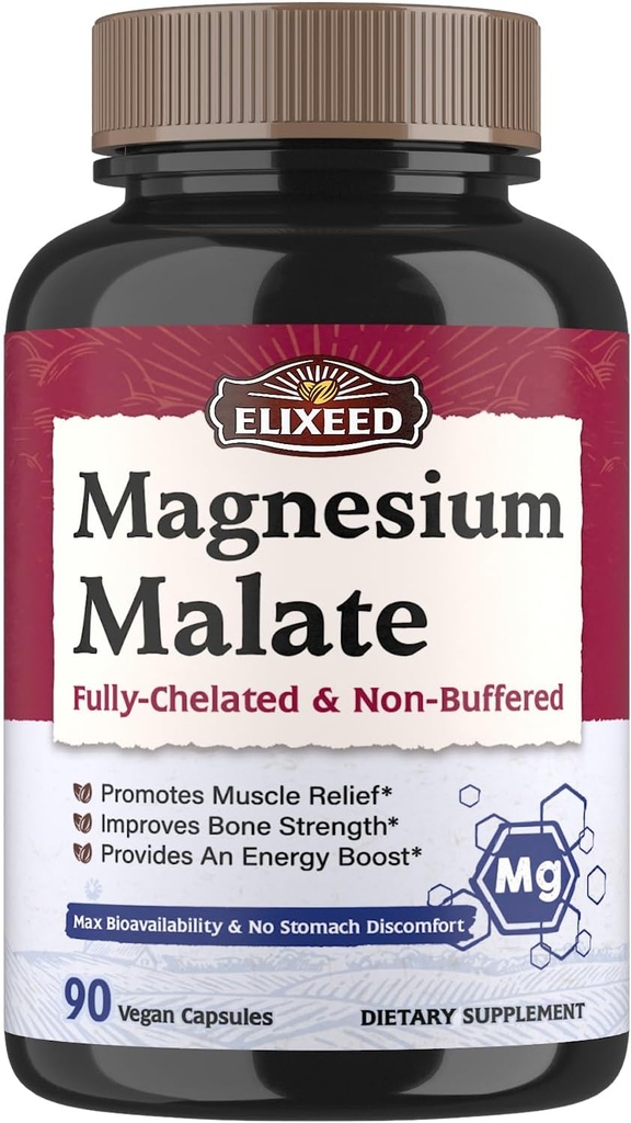Magnesium Malate Capsules, Magnesium Supplements, Chelated, High Absorption & Bioavailability, Mineral for Men, Women & Kids, Energy Production & Muscle Recovery, 90 Vegan Caps