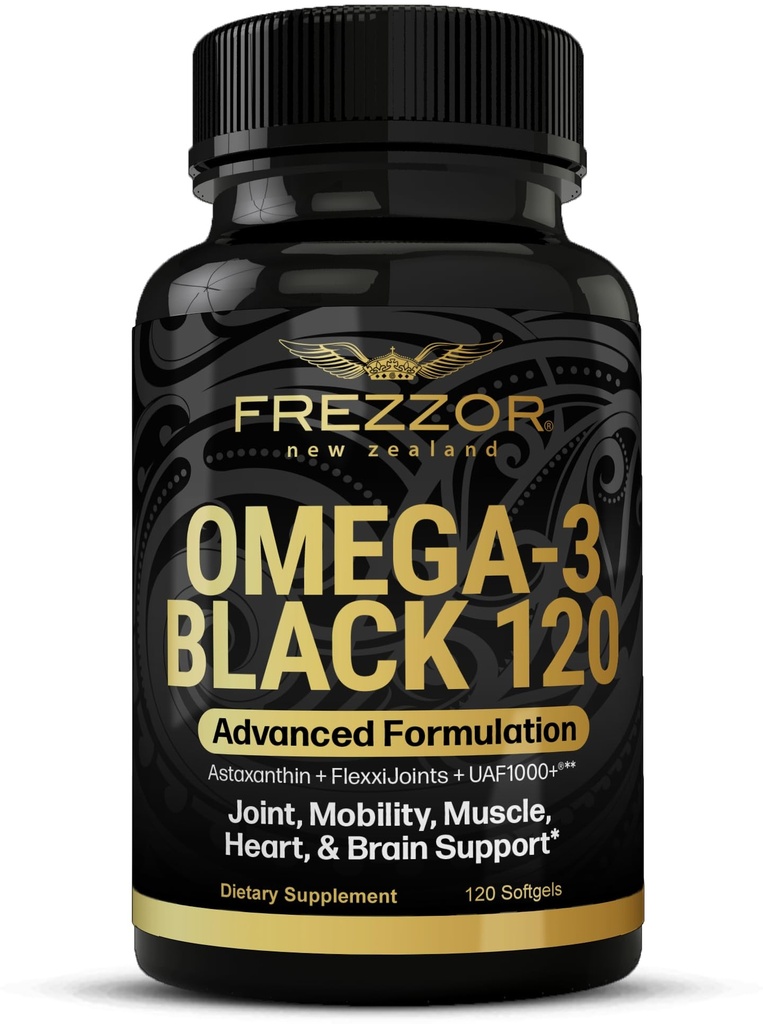 FREZZOR Omega 3 Black - Green Lipped Mussel Oil Capsules, Made in New Zealand, UAF1000+, No Fishy Aftertaste, 120 Count (Pack of 1)