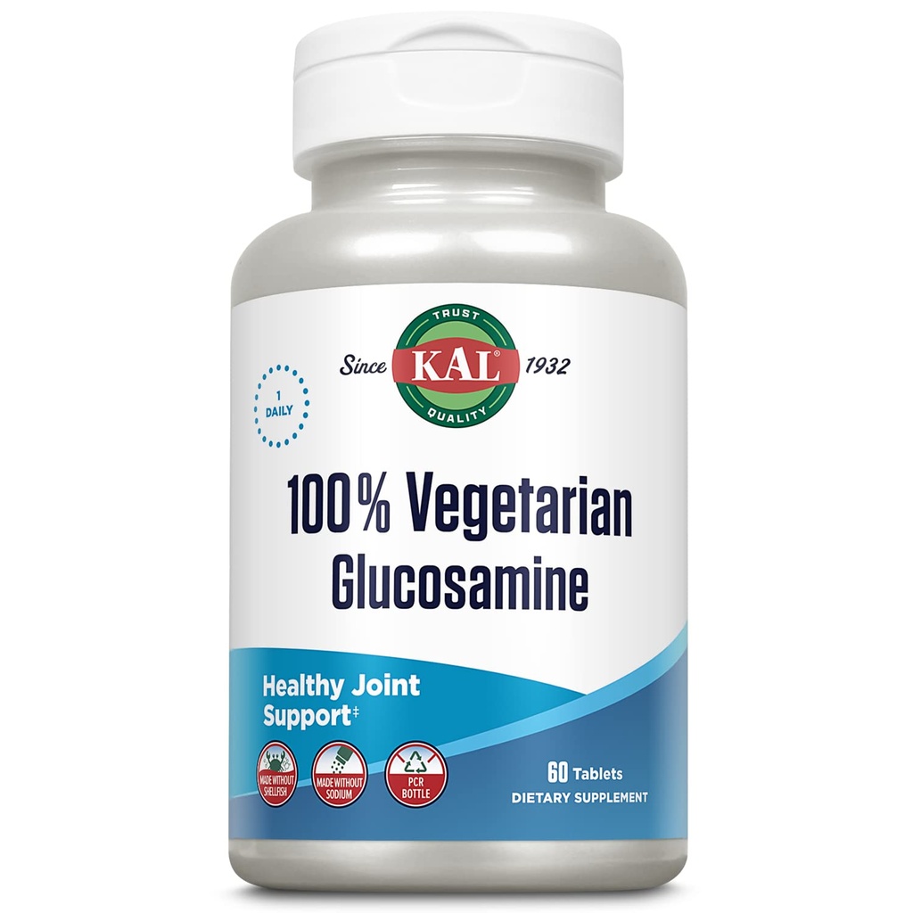 KAL 100% Glucosamina Vegetariana 1000 mg, Suplemento Conjunto de Salud con Glucosamina Vegan HCl, Soporte Conjunto para Confort y Movilidad, Made Sin Peces, Garantía de 60 días, 60 Servimientos, 60 Tabletas