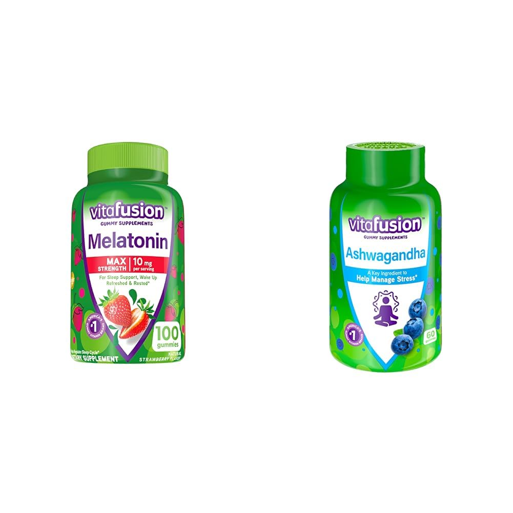 Vitafusion Max Strength Melatonin Gummy Suplementos, 100 condes Ashwagandha Gummies, 60 condes