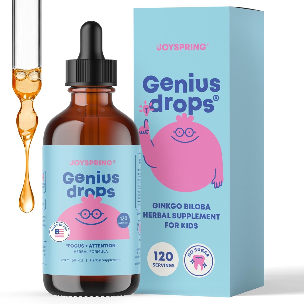 JoySpring Genius Drops - Orgánicas gotas de enfoque para niños TENIDO Clínicamente Provenido Suplemento de enfoque ayuda a los niños a mejorar en la escuela TENIDO Suplemento herbal con Ginkgo Biloba (4 fl oz) 120 Actuaciones