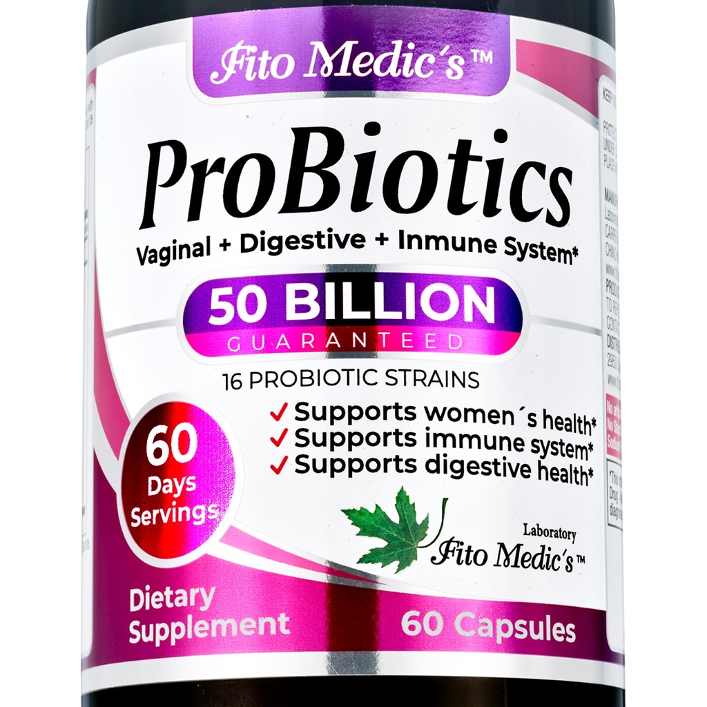 Laboratorio FITO MEDIC - Probióticos para Mujeres - 50 Billones CFU de probióticos- 60 días Servir s -probióticos para Salud Digestiva- 16 - probiótico - Blend. Promueve Equilibrio Digestivo.