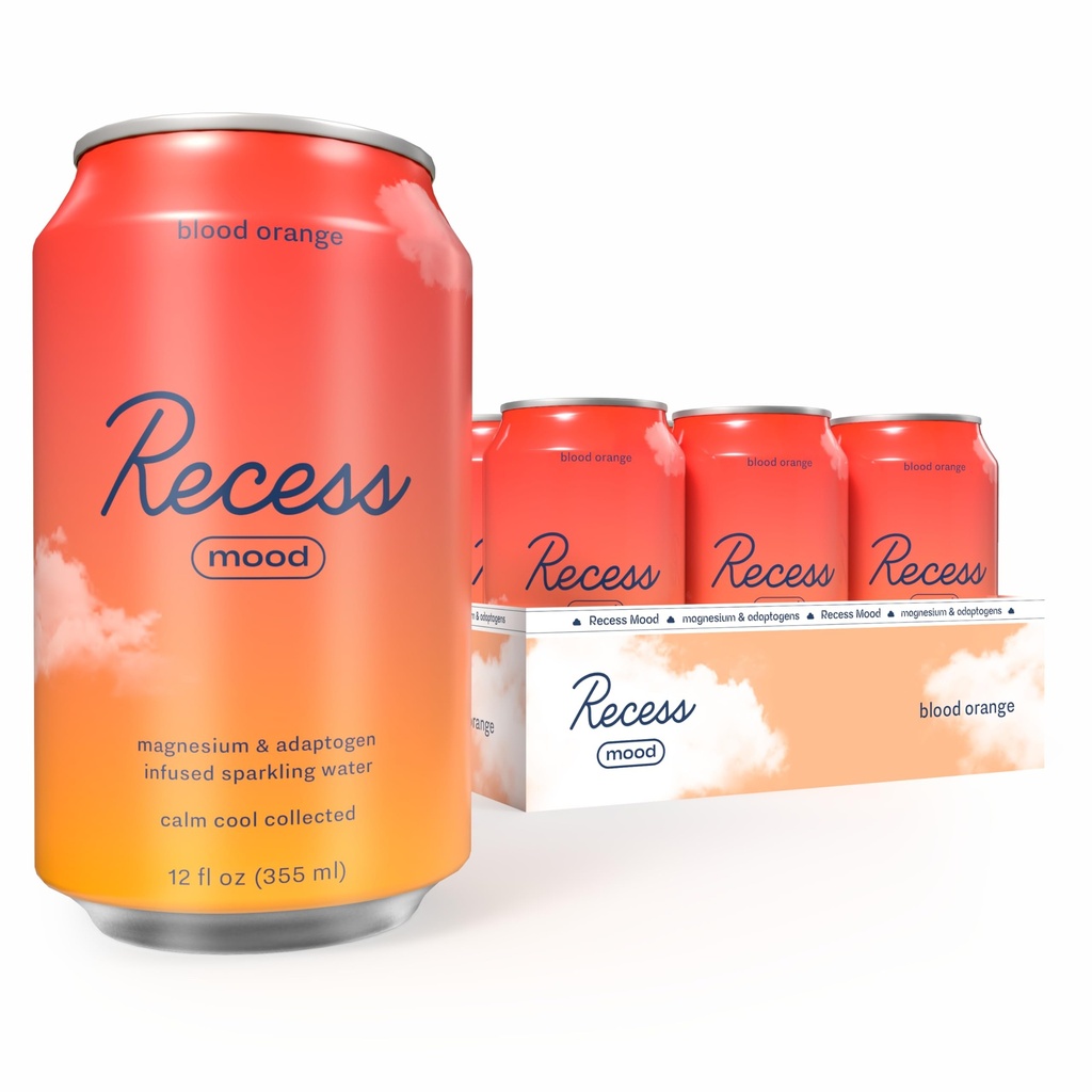 Recess Mood Magnesium & Adaptogen Drink, Relaxation Beverage, 12 ounce (Blood Orange, 12 pack)