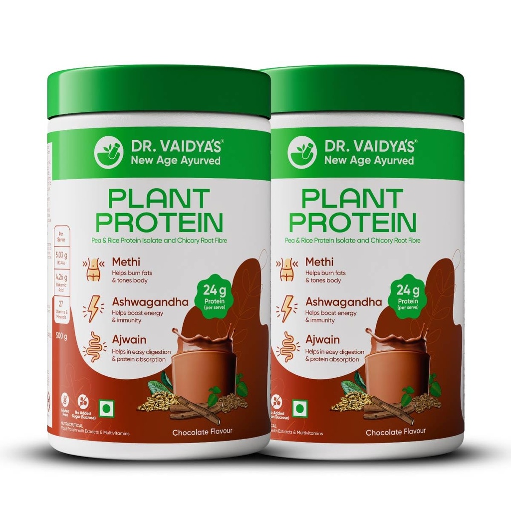 Dr. Vaidya’s Plant Protein Powder | Ayurvedic Pea Protein with Ashwagandha, Methi & Ajwain | 24g Protein per Serving | Muscle Gain, Energy & Weight Loss | 500g Chocolate Flavour (Pack of 2)
