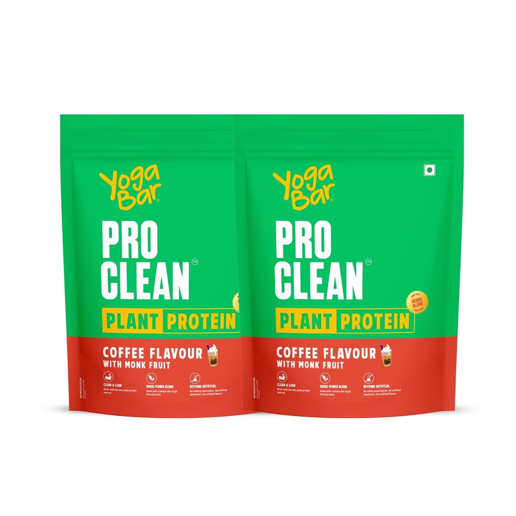 Yogabar Pro Clean Plant Protein | Coffee Flavour with Monk Fruit | 25g Protein per Serving | Clean & Natural Blend | 500g Pack of 2