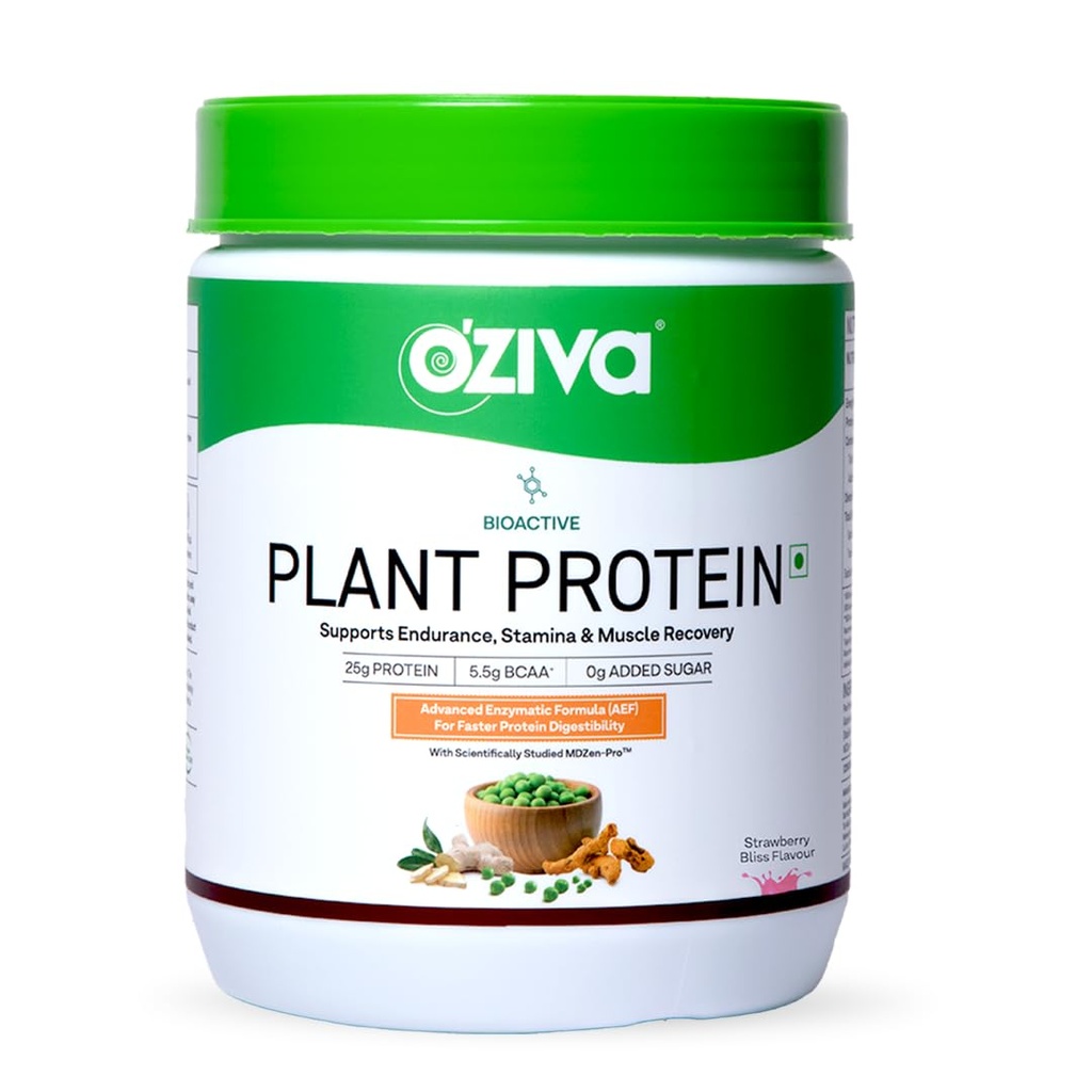 OZiva Bioactive Plant Protein Powder, 5.5g BCAA, Vegan, Strawberry, 500g