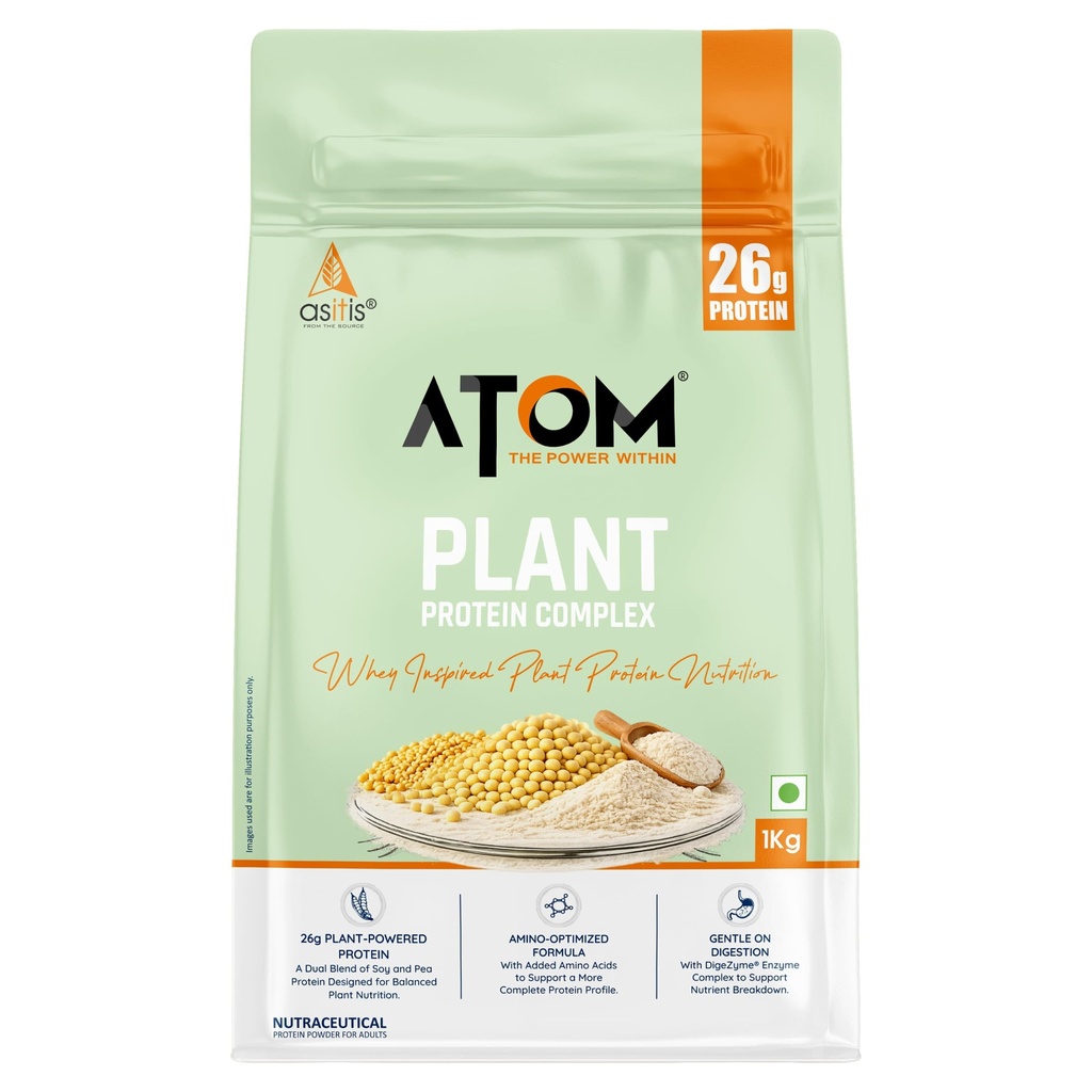 AS-IT-IS ATOM Plant Protein Complex: 26g Protein,1 Kg, Cafe Latte - Clean, Easy to Digest | Complete Protein with Added Amino Acids, Ashwagandha & DigeZyme®