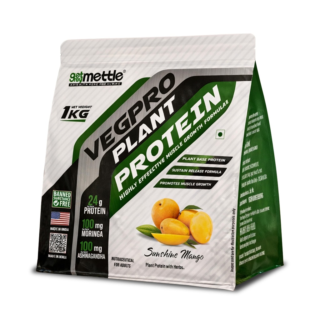 Getmymettle VegPro Vegan Plant Protein Powder | Protein 24g per scoop | Pea Protein Isolate with Digestive Enzyms | Low Carbs (1kg, Sunshine Mango)