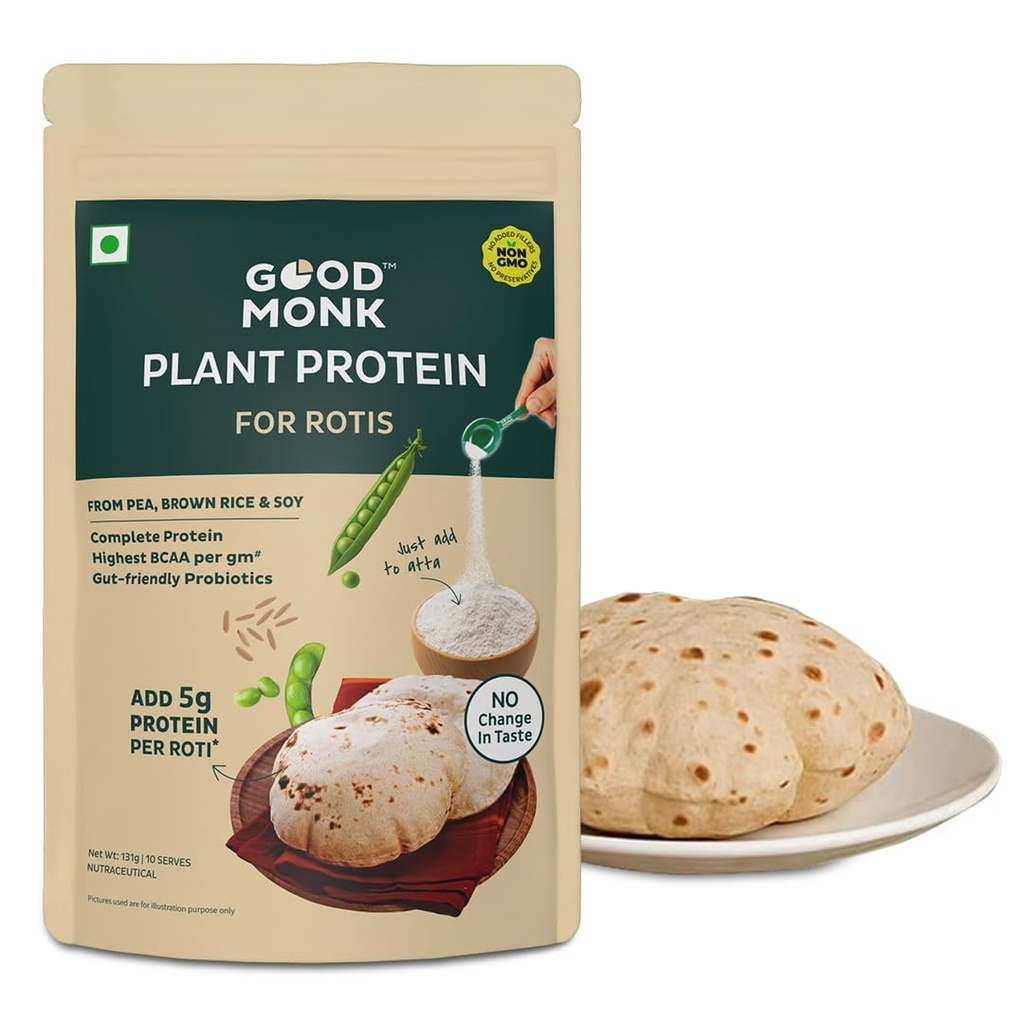 Good Monk Plant Protein for Rotis | Add 5 gm Protein per Roti | From Pea, Brown Rice & Soy | Clean Protein & Gut Friendly Probiotics | All Essential Amino Acids | Stronger Muscles | Add to Atta - No Taste Change | No Added Sugar/Sweetener | 131 gm