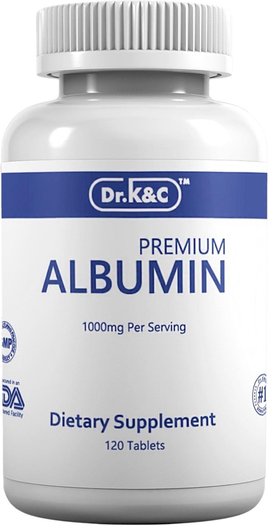 Dr.K&C Premium Albumin Protein Supplement – Extra Strength 1000 mg 120 Tablets Healthy Kidney Liver Promote General Wellness Energy Support Life Balance 1pk
