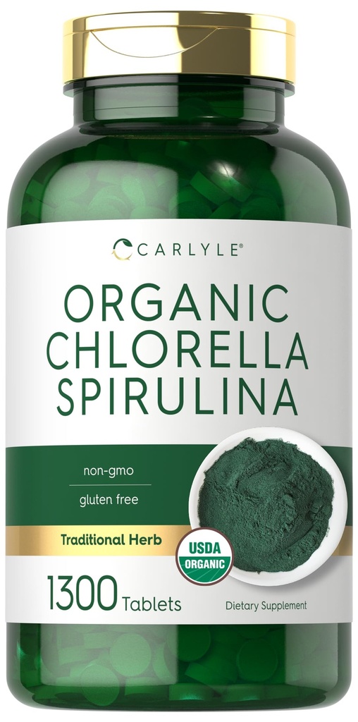 Carlyle Organic Chlorella Spirulina Tablets Silencio 1300 Cuenta Silencio 50/50 Blend Silencio No GMO y Gluten Suplemento gratuito