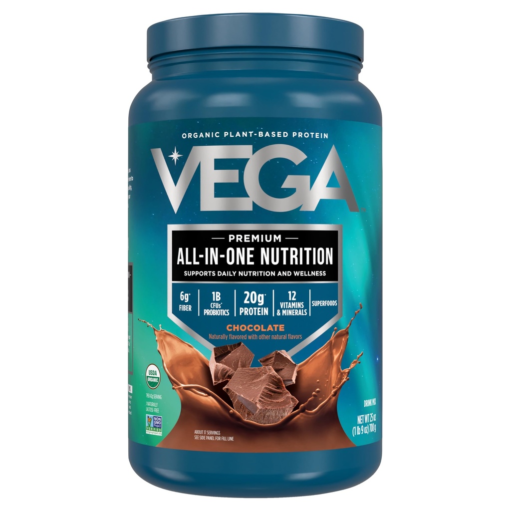 Vega Organic All-in-One Vegan Protein Powder, Chocolate - Superfood Ingredients, Vitamins for Immunity Support, Keto Friendly, Pea Protein for Women & Men, 1.6 lbs (Pack of 1)