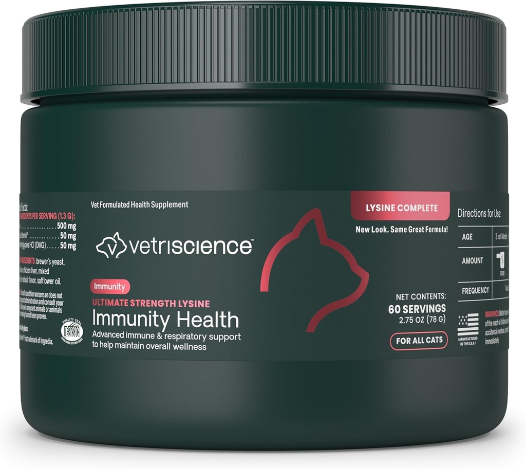 VetriScience Ultimate Strength Lysine Immunity Health Powder for Cats & Kittens, Suplemento para la alergia &amp; Nasal Support, Sneezing, Runny Nose & Watery Eyes, Chicken & Cheese Flavor, 60 Cuenta -New Look