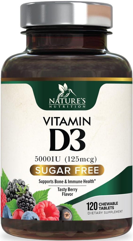 Vitamina D3 5000 UI (125 mcg) Suplemento extra fuerza de la naturaleza Vitamina D Chewable for Immune Support Health - Suplementos de huesos, dientes y músculos - Sugar Gratis, No GMO, Gluten Gratis - 120 Conteo