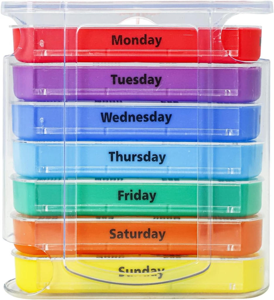 Organizador semanal de píldoras para 1 día de suministro de 4 veces,KIGI 7 días dispensador de píldoras fijas Vitaminas Containers (Rainbow)