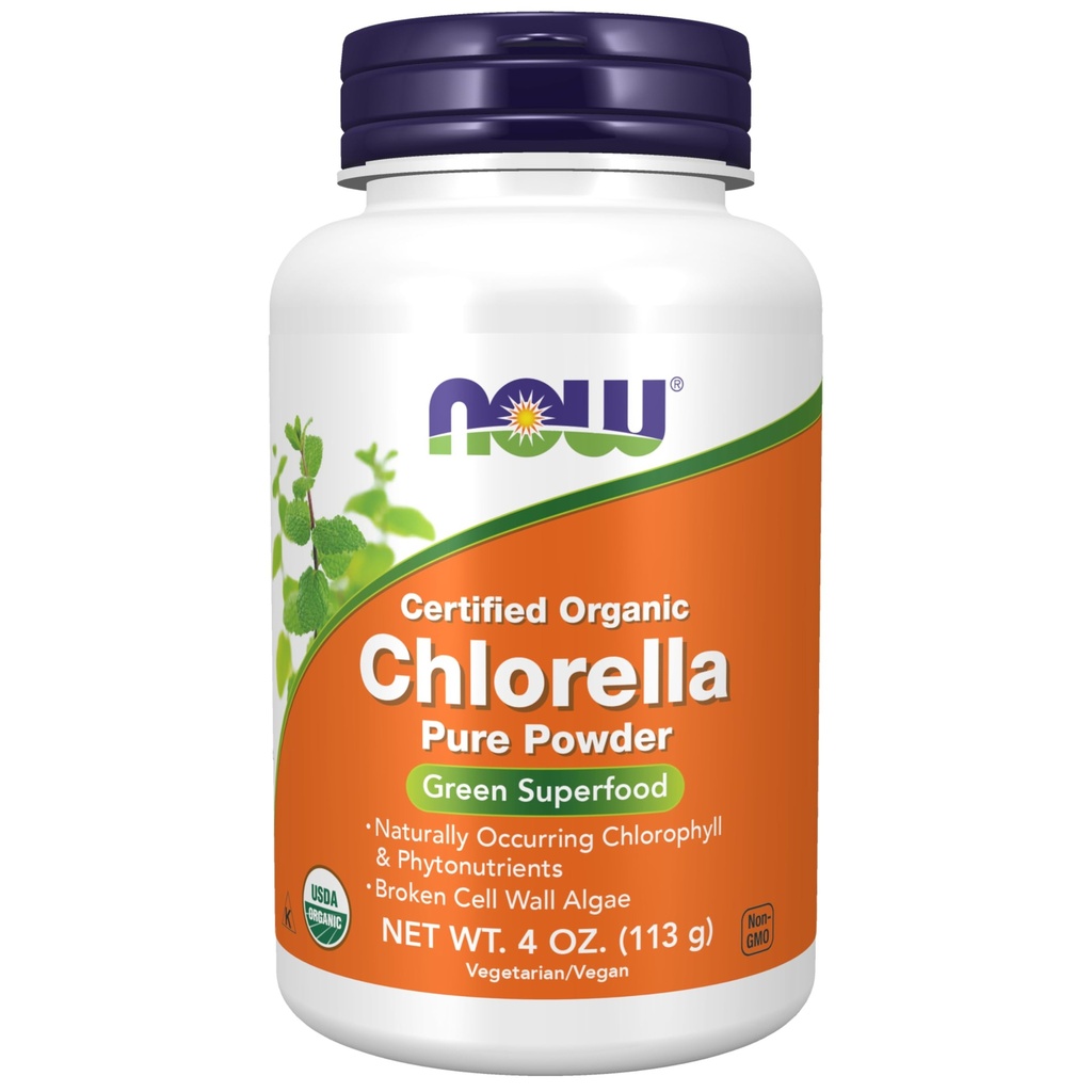 AHORA Suplementos de alimentos, Clorella orgánica Polvo con clorofila natural, betacaroteno, carotenoides mixtos, vitamina C, hierro y proteína, 4 onzas