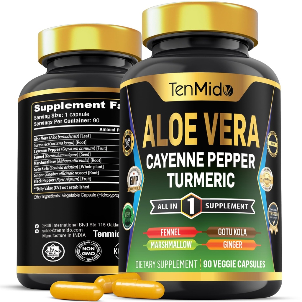 Aloe Vera Capsules Suplemento - 8in1 Fórmula - Combina con Turmeric, Cayenne Pepper, Marshmallow, Fennel, Gotu Kola, Ginger y Black Pepper - 90 cápsulas para 3 meses de suministro