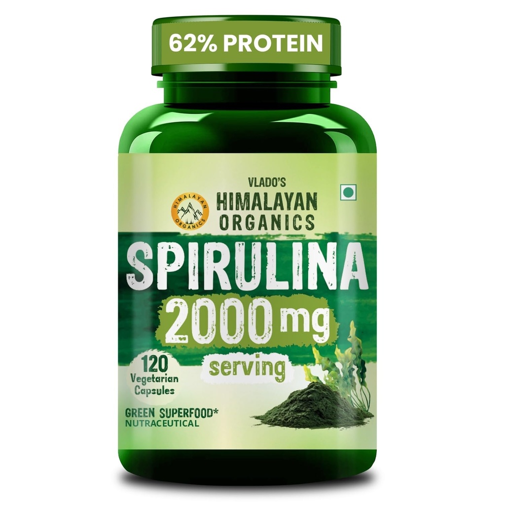 Vlado's Himalayan Organics 100% Spirulina Capsules - 2000mg - Supports Energy, Immunity & Detox - Certified I Green Superfood I Natural Sources Spirulina - 120 Veg capsules