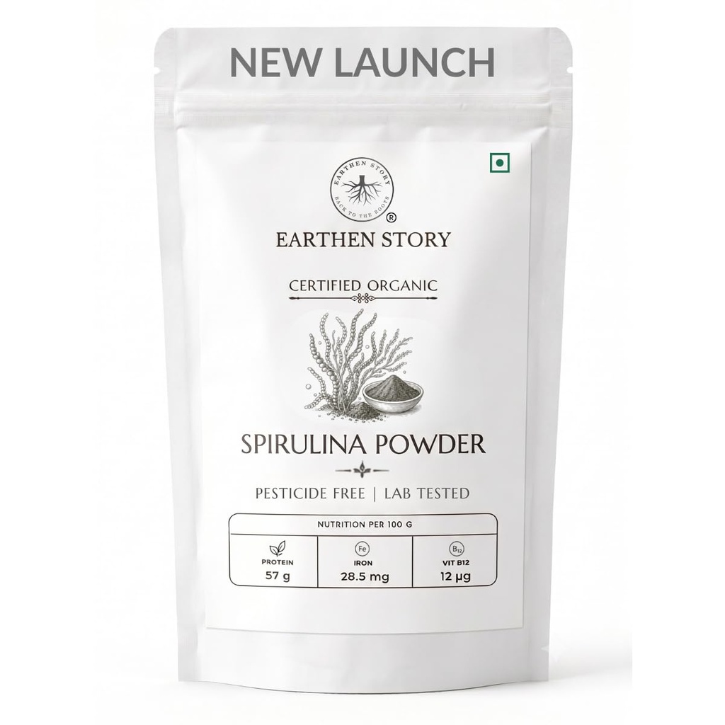 Earthen Story Certified Organic Spirulina Powder, 100g | Lab Tested for 250+ Pesticides | Plant Based Superfood Rich in Protein