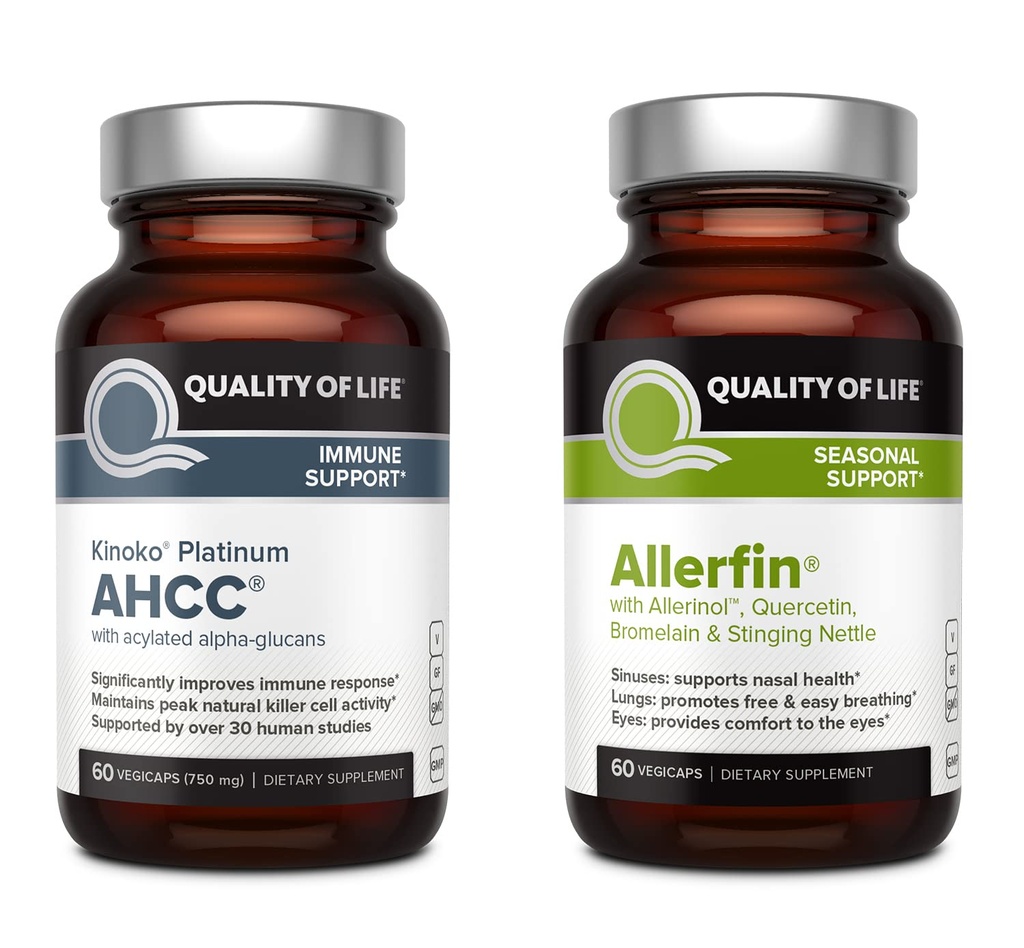 Quality of Life Immune Health Bundle - Destacando Kinoko Platinum AHCC 750mg y Allerfin