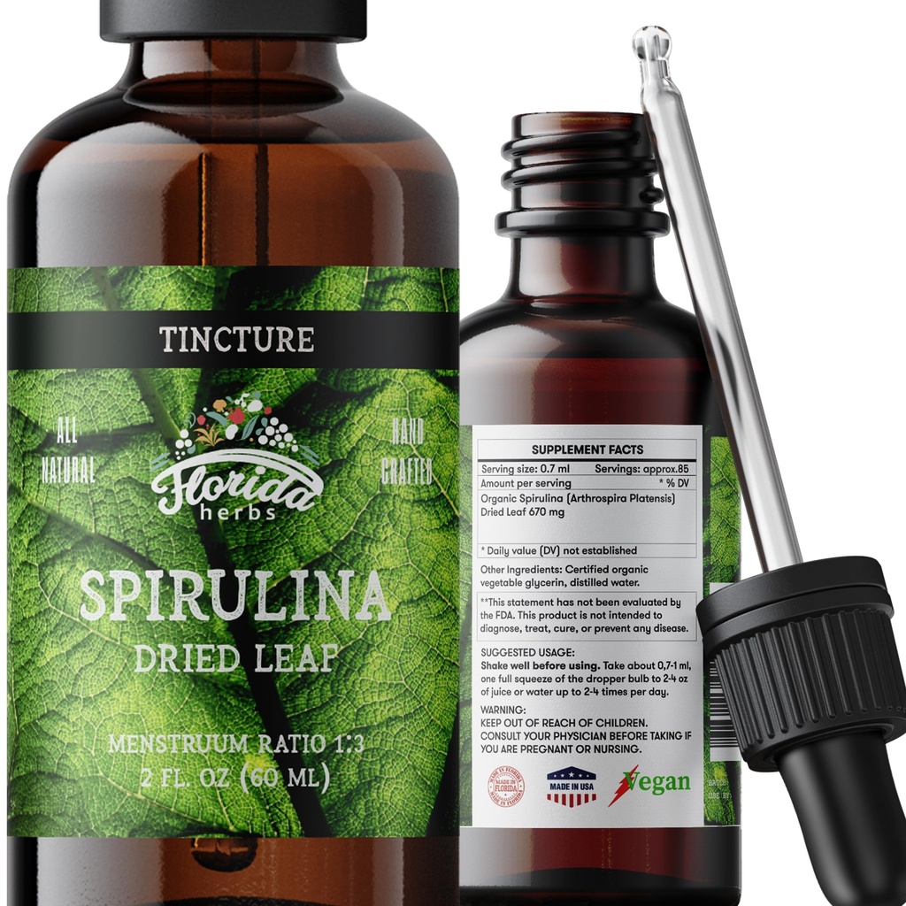 Spirulina Tincture, Extracto de Espirulina Orgánica (Arthrospira Platensis) Suplemento Herbal, No-GMO en Glicerina Vegetal Orgánica Fría Presionada, 700 mg, 2 oz (60 ml)
