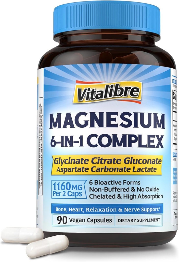 Magnesio Complejo de Magnesio Suplemento 6 en 1, 1160mg Magnesio Chelated para Max Absorción, Ayuda con mejor sueño, relajación &amp; Nerve Calm, 90 cápsulas Vegan, no GMO &amp; Gluten Gratis