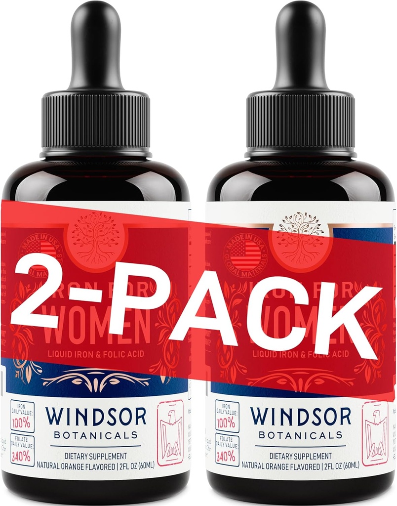 WINDSOR BOTANICALS Liquid Iron Supplement for Women 2-Pack - Folic Acid, Vitamin C, Vegan Liquid Iron Supplements for Anemia, Menstruation, Pregnancy Support - Drops Orange Flavor - 2x2oz