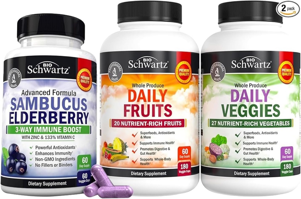 BioSchwartz Daily Fruits and Veggies Supplement for Women and Men (2 Month Supply) Plus Elderberry with Zinc and Vitamin C for Adults Immune Support (2 Month Supply)
