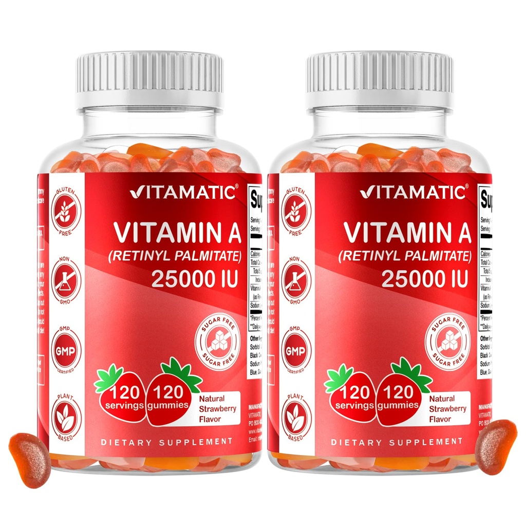 Vitamatic Sugar Free Vitamina A 25000 UI Gummies (Retinyl Palmitate) - Natural Strawberry Flavor - 120 Pectin Based Gummies (2 Bottles)