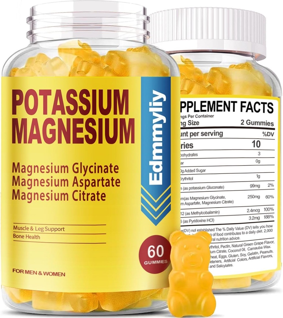 Suplemento de potasio Magnesio Gummies para adultos Alta Absorción Potasio Gluconato 99mg Citrato de magnesio 250mg con vitamina B6 B12 Apoyo Mood, Energía, Relajación muscular, Bone Health, Sugar Free