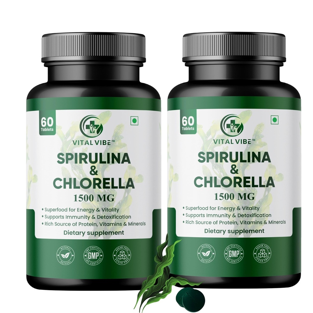 Spirulina & Chlorella Tablets Pack of 2 | Green Superfood Detox Supplement | Rich in Protein, Chlorophyll & Antioxidants | Energy, Immunity & Daily Wellness Support | Vegan Dietary Supplement (120 Tablets)